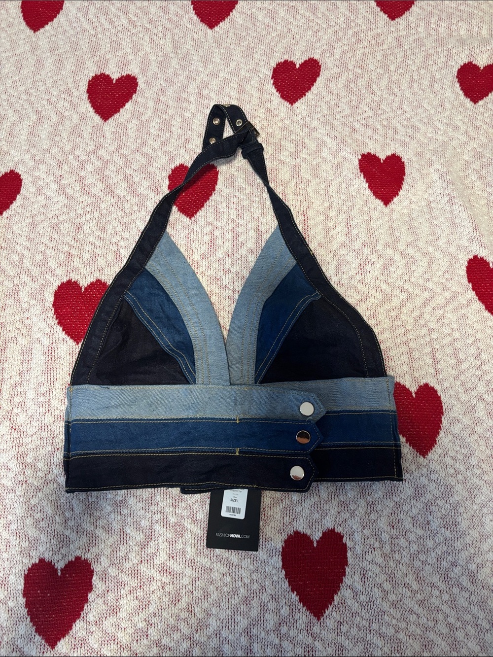 Fashion Nova Multi-Tone Denim Halter Bralette - Blue
